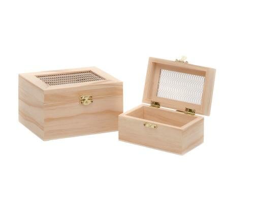 Glorex Holzboxen-Set mit Metallgitter 2 Stück, 15 x 11 x 9 cm + 12 x 8 x 7 cm