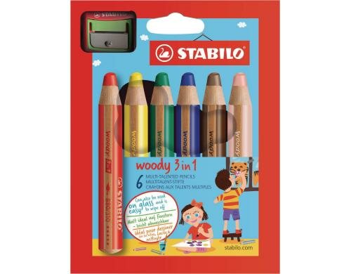 STABILO Woody 3in1 Malstift 6er rot,gelb,grün,blau,braun,beige ink. Spitzer