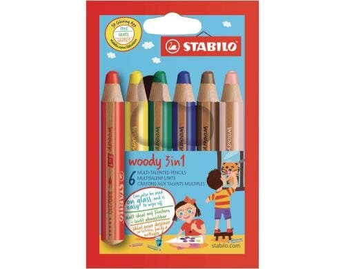 STABILO Woody 3in1 Malstift 6er rot,gelb,grün,blau,braun,beige