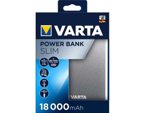 VARTA Slim Powerbank 18000 mAh dunkelgrau mit Micro USB Type-C Kabel