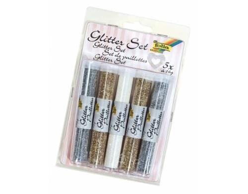 Folia Glitterset Pulver gold/silber/weiss Set mit 5 Tuben à 14g