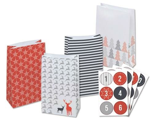 Folia Adventskalender Papiertüten Style 24 Tüten, Zahlensticker, Kordel