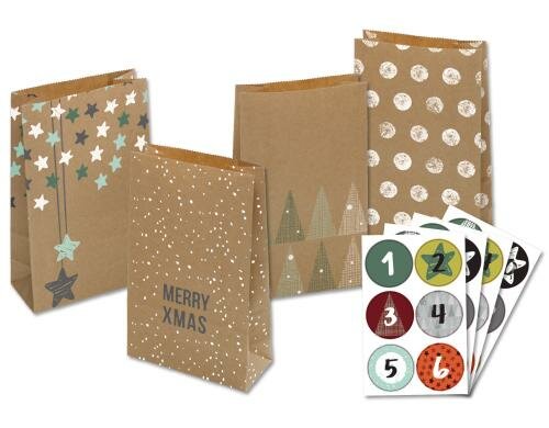 Folia Adventskalender Papiertüten Nature 24 Tüten, Zahlensticker, Kordel