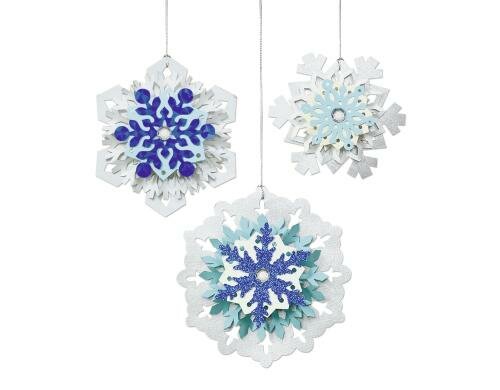 URSUS Papier-Deko Snowflakes blau 24 Stanzteile, Glitzersteine, Kordel