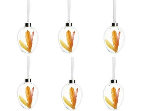 Leonardo Glasei 12cm mit orangen Federn 6 Stück, Frühlingsartikel