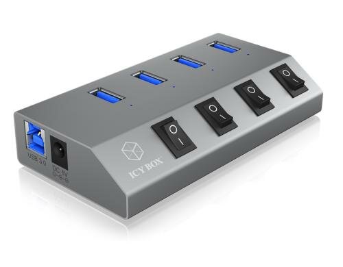 ICY BOX IB-HUB1405, silber, 4x USB3.0 Hub An-/Ausschalter für jeden Port