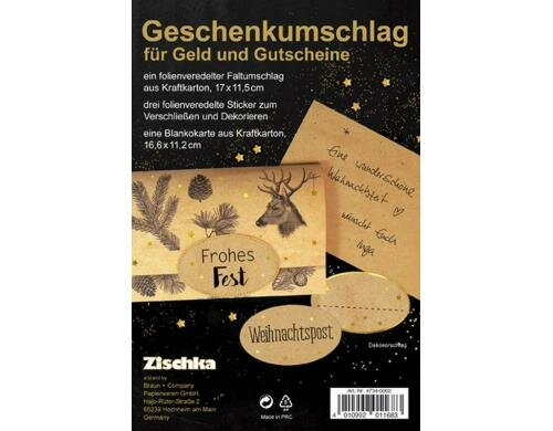 B+C Geschenkumschlag oh my deer Faltumschlag, 3 Sticker, Blankokarte