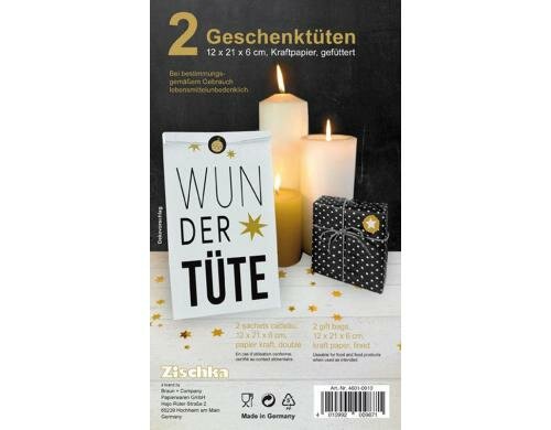 B+C Kraftpapiertüte 12 x 21 x 6 cm Wundertüte, 2 Stück