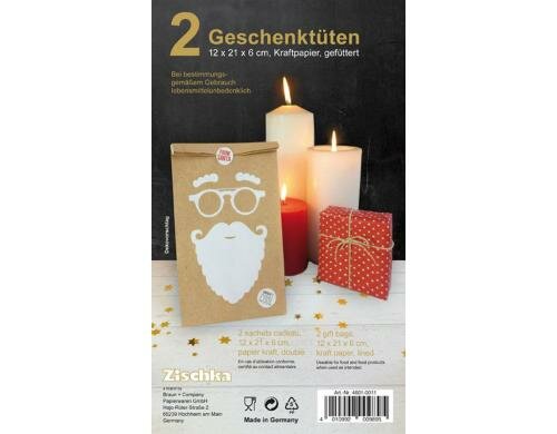 B+C Kraftpapiertüte 12 x 21 x 6 cm Cool Santa, 2 Stück
