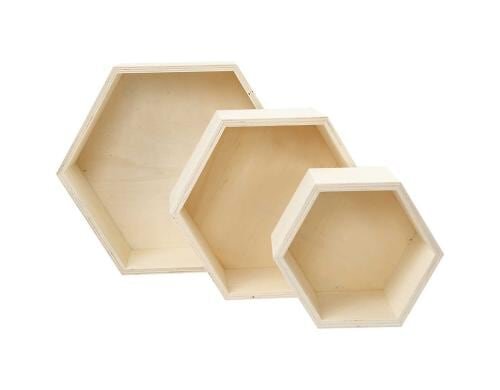 Creativ Company Holz Wandregal Hexagonal 3 Stück, H: 14.8 + 19 + 24.2 cm, T: 10 cm