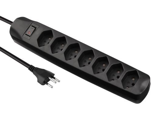 FURBER.power Steckerleiste 7xT13, schwarz mit Schalter, 1.5m Kabel H05VV-F 3G1