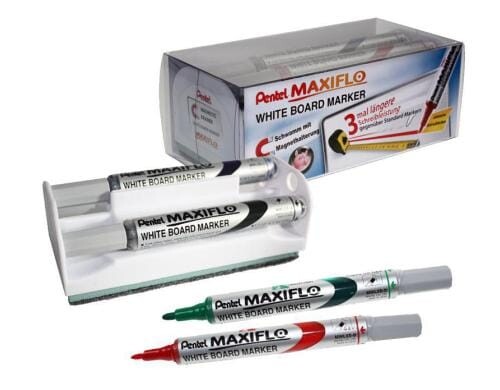 Pentel Whiteboardmarker MAXIFLO Slim 4erSet schwarz,rot,blau,grün,rot + Magnet-Wischbox
