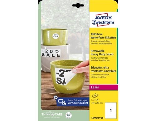 Avery Zweckform Etiketten, 210 x 297 mm wetterfest, Packung zu 20 Blatt