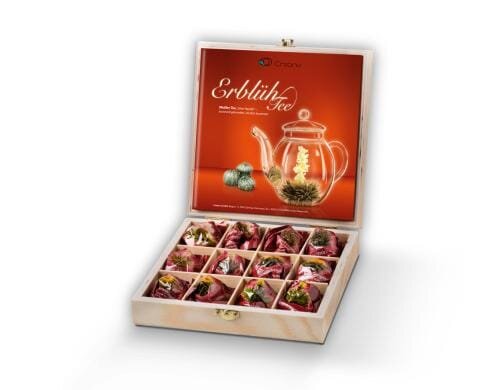 Creano Erblühtee in Holz-Box 12er Set 12 Teeblumen mit 6 Sorten