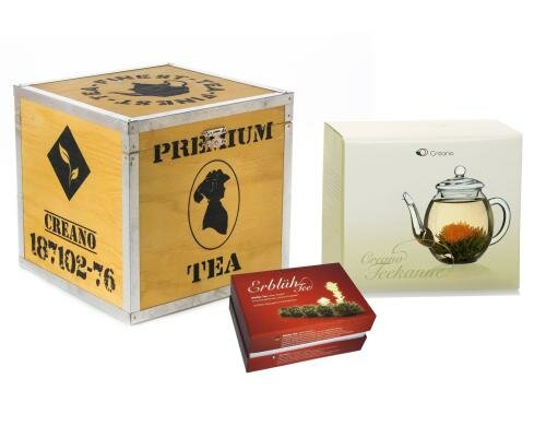 Creano Erblühtee in Holz-Deko-Box Set 6 ErblühTeekugeln Weisser Tee, Teekanne