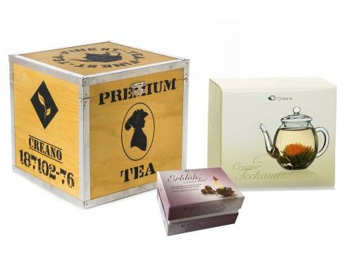 Creano Erblühtee in Holz-Deko-Box Set 6 ErblühTeekugeln Schwarzer Tee, Teekanne