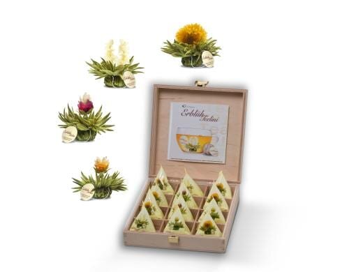 Creano Erblühteelini in Holzbox Weisstee 12 Teeblumen in 4 Variationen