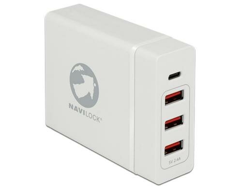 Navilock USB Ladegerät bis 60Watt, weiss 1x USB-C bis 60 Watt, 3x USB-A Ports 2.4A