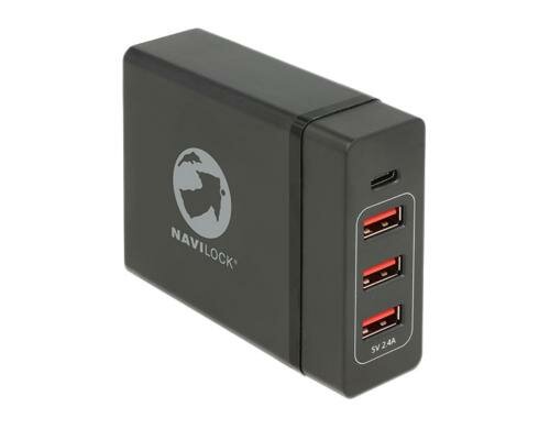 Navilock USB Ladegerät bis 60Watt, schwarz 1x USB-C bis 60 Watt, 3x USB-A Ports 2.4A