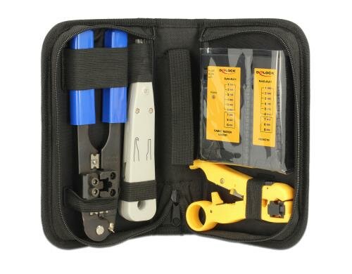Delock Netzwerk Prüf&Montagekit RJ45/RJ12 Tester, Crimzange, Abisolier,LSA