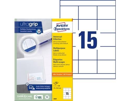 Avery Zweckform Etiketten A4,70 x 50.8 mm Packung zu 100 Blatt / 1500 Etiketten
