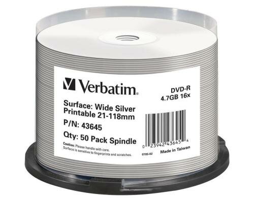 Verbatim DVD-R Medien 4.7GB,16x,50er Spind InkJet Printable, Silver Fullsize Surface