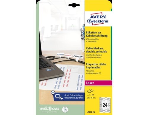Avery Zweckform Etiketten Kabelbeschriftung Laser, 60 x 40 mm, 480 Etiketten, 20 Bogen