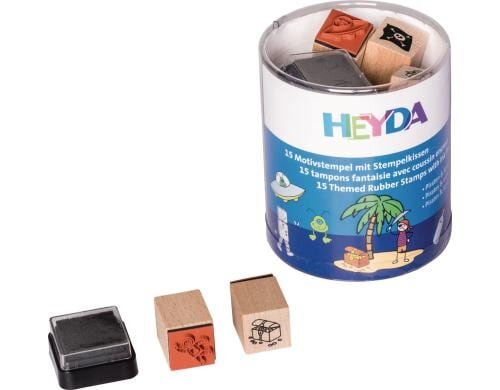 Heyda Stempeldose Piraten u. Raumfahrt 15 Stempel, 1 Stempelkissen