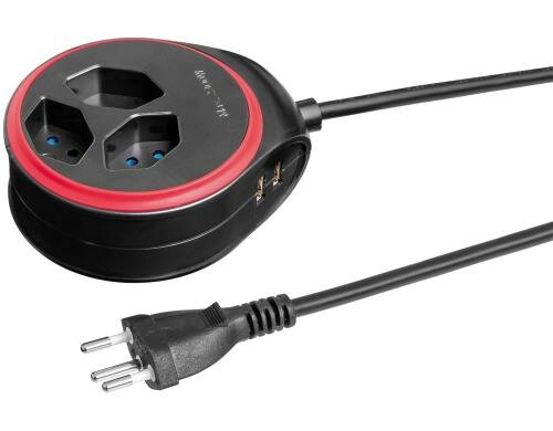 STEFFEN STEBA DISC Steckerl. 3xT13, USB SR Rund, Resetschalter, 1.5m, schwarz/rot