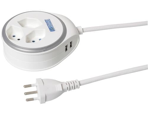 STEFFEN STEBA DISC Steckerl. 3xT13, USB WS Rund, Resetschalter, 1.5m, weiss/silber