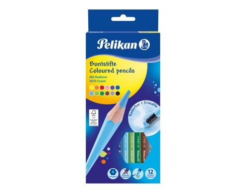 Pelikan Farbstifte mit Radierer 12 Stück, jeder Stift mit Radierer