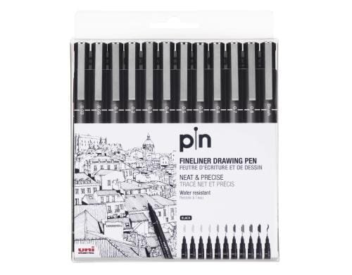 Uni PIN Fineliner schwarz - Etui zu 12 Stk ass.