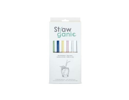 Strawganic Glasstrohhalme Set gerade farbig 5 Stück 21cm, inkl. Reinigungsbürste