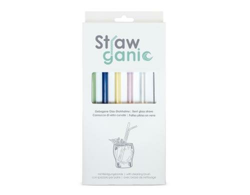 Strawganic Glasstrohhalme Set farbig gebogen, 5 Stück 21cm, ink. Reinigungsbürst