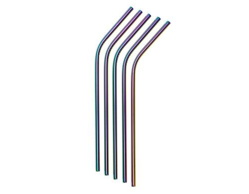 Strawganic Stahlstrohhalme Set regenbogen gebogen, 5 Stück 21,5cm, ink. Reinigungsbür