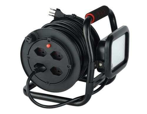 Schönenberger Kabelrolle mit LED-Strahler 4x T13 Steckdose, 15m, 800lm, schwarz