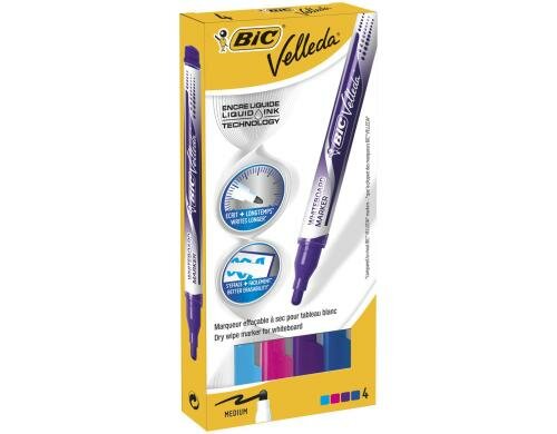 Bic Velleda Whiteboard Marker pink, violet, hellblau, blau, 4 Stück