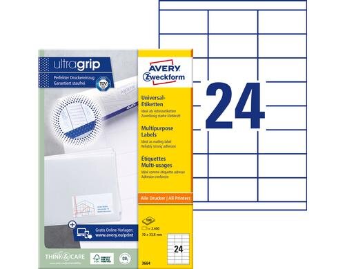 Avery Zweckform Etiketten A4, 70x33.8mm Packung zu 100 Blatt / 2400 Etiketten