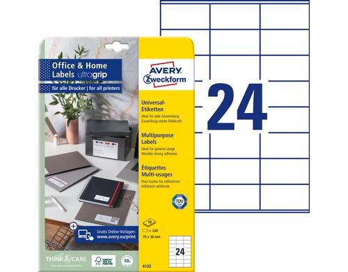 Avery Zweckform Etiketten A4, 70x36mm Packung zu 10 Blatt / 240 Etiketten