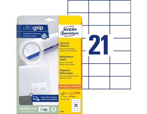 Avery Zweckform Etiketten A4, 70x42.3mm Packung zu 30 Blatt / 630 Etiketten