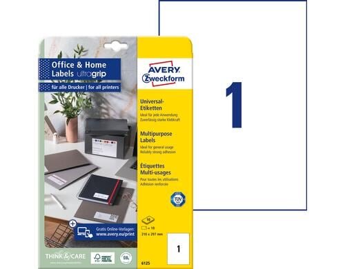 Avery Zweckform Etiketten A4, 210x297mm Packung zu 10 Blatt / 10 Etiketten