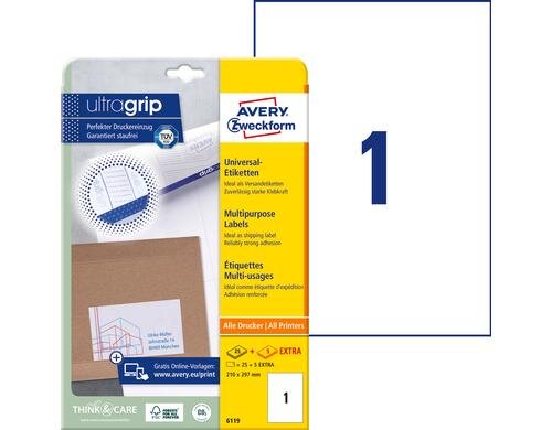 Avery Zweckform Etiketten A4, 210x297mm Packung zu 30 Blatt / 30 Etiketten
