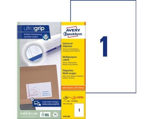 Avery Zweckform Etiketten A4, 210x297mm Packung zu 220 Blatt / 220 Etiketten