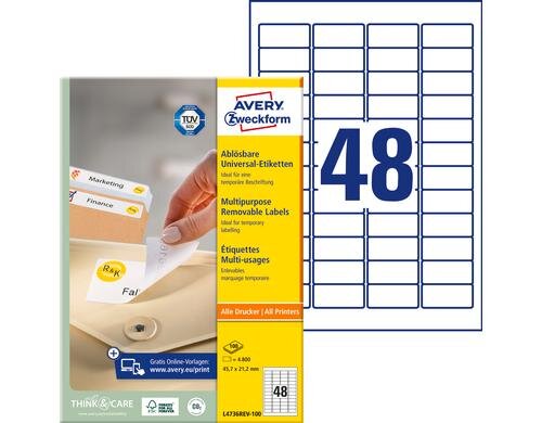 Avery Zweckform Etiketten stick+Lift, weiss 45.7x21.2mm, 100 Bogen / 4800 Etiketten