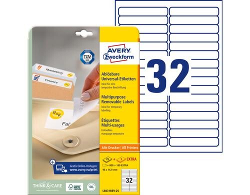 Avery Zweckform Etiketten stick+Lift, weiss 96x16.9mm, 30 Bogen / 960 Etiketten