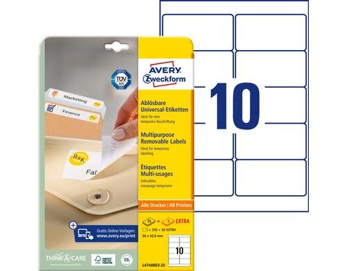 Avery Zweckform Etiketten stick+Lift, weiss 96x50.8mm, 30 Bogen / 300 Etiketten