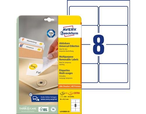Avery Zweckform Etiketten stick+Lift, weiss 96x63.5mm, 30 Bogen / 240 Etiketten