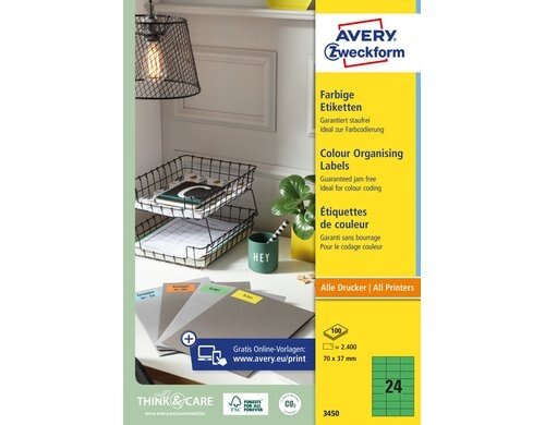 Avery Zweckform Etiketten grün 70x37mm, 100 Bogen / 2400 Etiketten