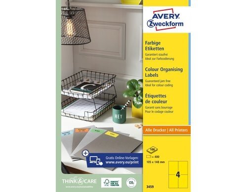Avery Zweckform Etiketten gelb 105x148mm, 100 Bogen / 400 Etiketten