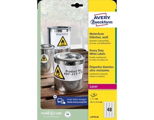 Avery Zweckform Etiketten wetterfest 45.7x21.2mm, 20 Bogen / 960 Etiketten